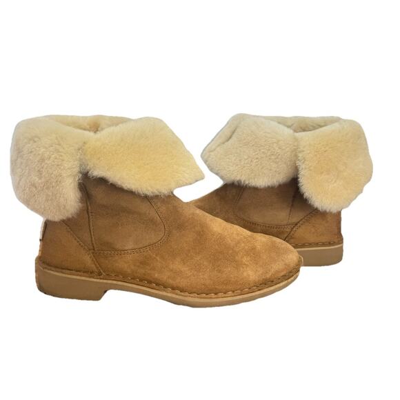 UGG Womens Sz 10 Chestnut Boots Suede Fur Cuff Ankle Short Booties Jannika - Picture 1 of 8
